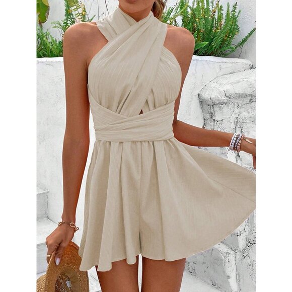 Women Apricot Casual And Simple Pleated  Backless Tied Summer Halter Jumpsuit - Picture 1 of 6